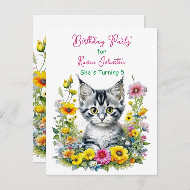 Grey Kitten Themed  Girl's Birthday Party Invite Postcard (Front/Back)