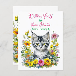 Grey Kitten Themed  Girl's Birthday Party Invite Postcard