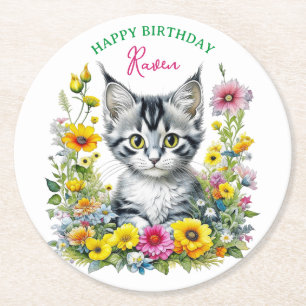 Grey Kitten Themed  Girl's Birthday Party Invite Round Paper Coaster