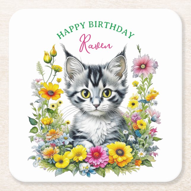 Grey Kitten Themed  Girl's Birthday Party Invite Square Paper Coaster (Front)