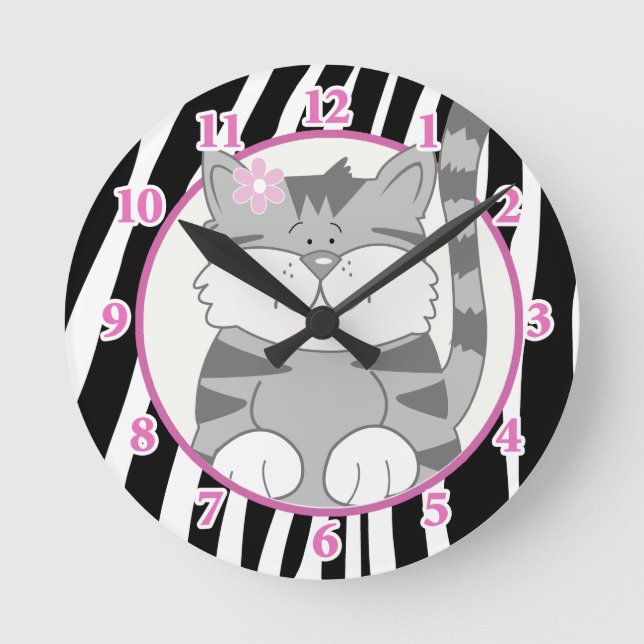 Grey Kitten Wall Clock with Zebra Stripe (Front)