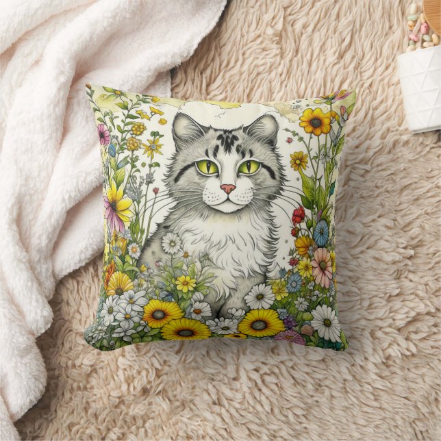 Grey Kitty Cat Sitting in Flowers  Cushion (Blanket)