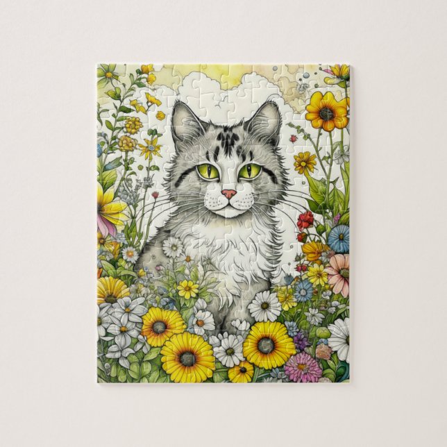 Grey Kitty Cat Sitting in Flowers  Jigsaw Puzzle (Vertical)