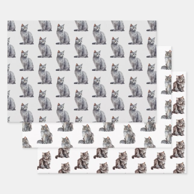 Grey Kitty Cats Wrapping Paper Sheet (Set)