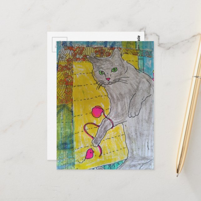 Grey Kitty mixed media collage Postcard (Front/Back In Situ)