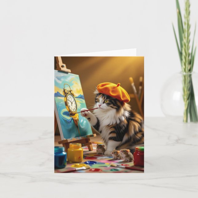 Grey Kitty Painting Clock Thank You Card (Front)