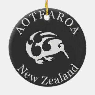 Grey Kiwi with Koru, Aotearoa, New Zealand Ceramic Tree Decoration