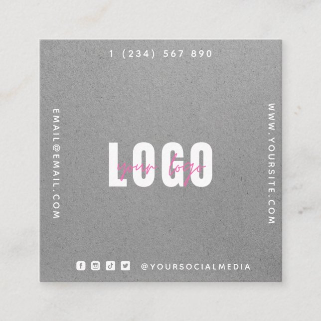 Grey Kraft Paper Add Your Logo & QR Code Simple    Square Business Card (Front)
