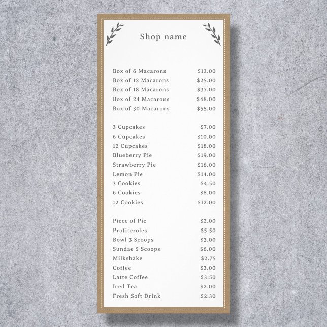Grey, Kraft & Rustic Menu & Price List Rack Card (Gray, Kraft & Rustic Menu & Price List Rack Card)