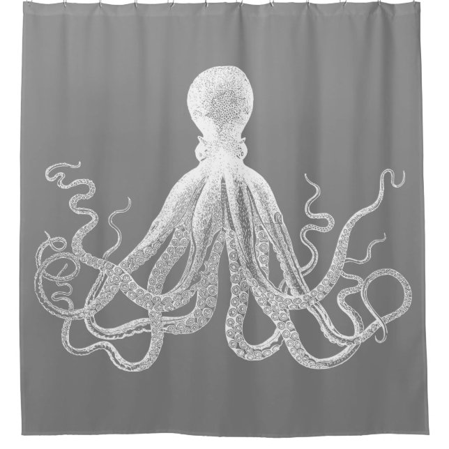 Grey Kraken Octopus Shower Curtain (Front)