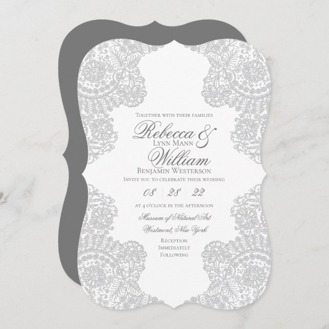 Grey Lace Elegant Wedding Invitation (Front/Back)