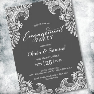Grey Lace Engagement Party Invitation
