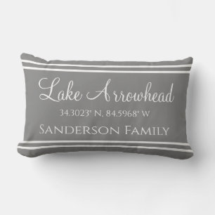 Grey Lake and Family Name Map Coordinates Lumbar Cushion