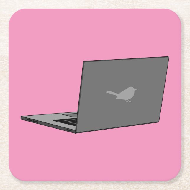 Grey Laptop with Bird Logo Cartoon Square Paper Coaster (Front)
