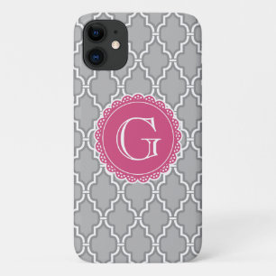 Grey Lattice Floral Pink Monogram Case-Mate iPhone Case