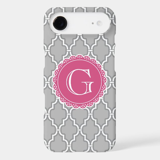 Grey Lattice Floral Pink Monogram Case-Mate iPhone Case (Back)