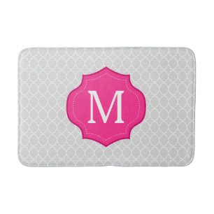 Grey Lattice Pattern Hot Pink Monogram Bath Mat