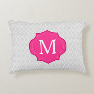Grey Lattice Pattern Hot Pink Monogram Decorative Cushion