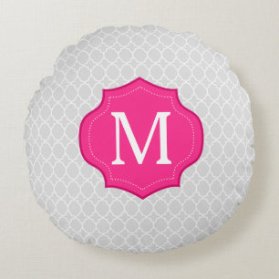 Grey Lattice Pattern Hot Pink Monogram Round Cushion