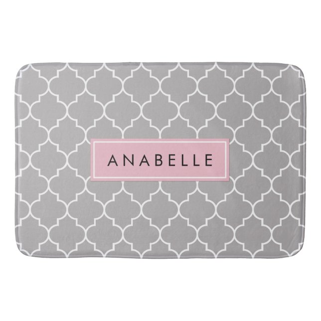 Grey Latticework, Moroccan Trellis, Your Name Bath Mat (Front)