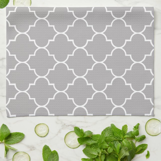 Grey Latticework, Quatrefoil, Moroccan Trellis Tea Towel (Folded)