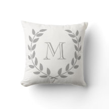 Grey Laurel Wreath Monogram Throw Pillow