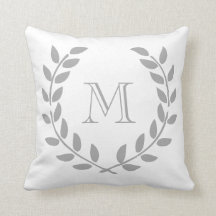 Grey Laurel Wreath Monogram Throw Pillow
