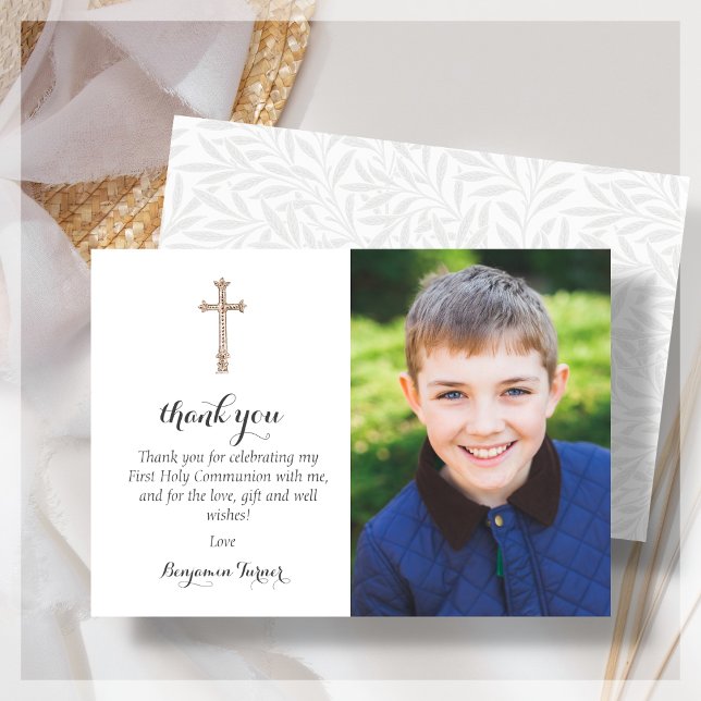 Grey Leaf | First Communion Thank You Cards (Creator Uploaded)
