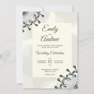 Grey Leaf Frame Elegant Floral Watercolor Wedding Invitation