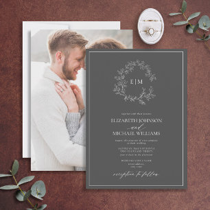 Grey Leafy Crest Monogram Photo Wedding Invitation