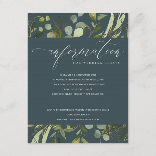 GREY LEAFY FOLIAGE WATERCOLOR WEDDING INFORMATION ENCLOSURE CARD (Front)