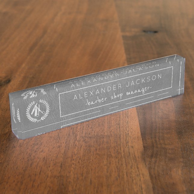 Grey Leather and Silver Logo Barber Shop Manger Nameplate (Side)