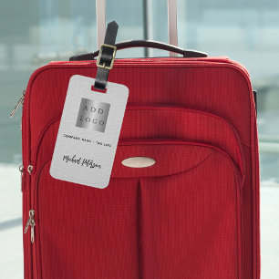 Grey leather business company logo name luggage tag