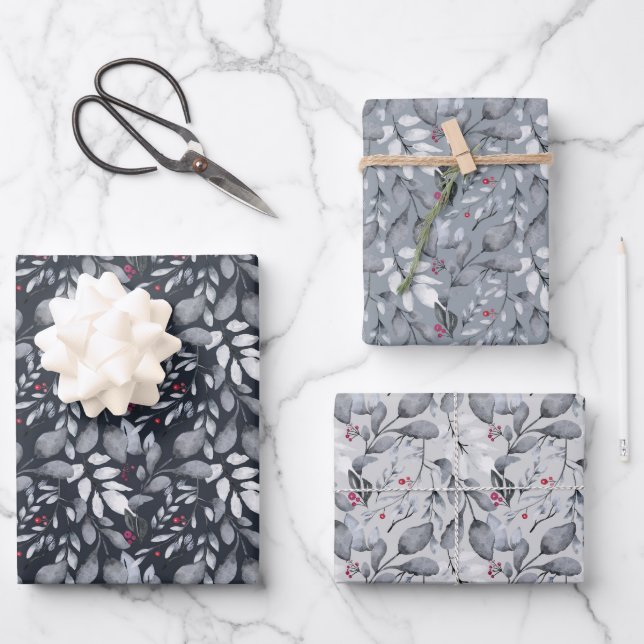 Grey Leaves and Red Berries Wrapping Paper Sheets (Front)