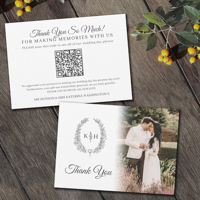 Grey leaves monogram white wedding photo QR Code Thank You Card (Creator Uploaded)