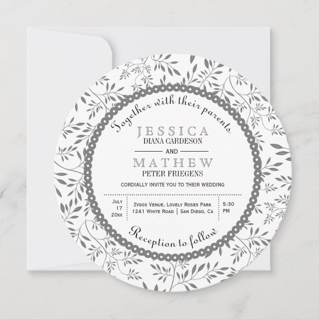 Grey leaves pattern modern floral wedding invitation (Front)