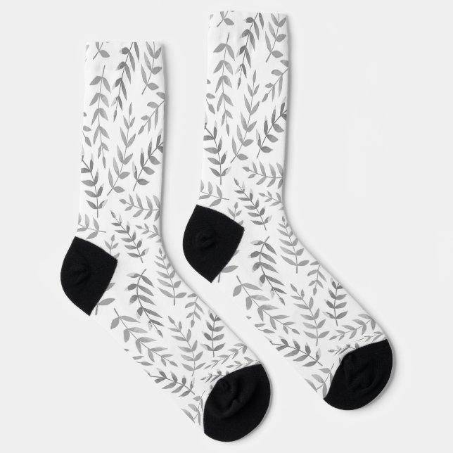 Grey leaves pattern on white socks (Right)