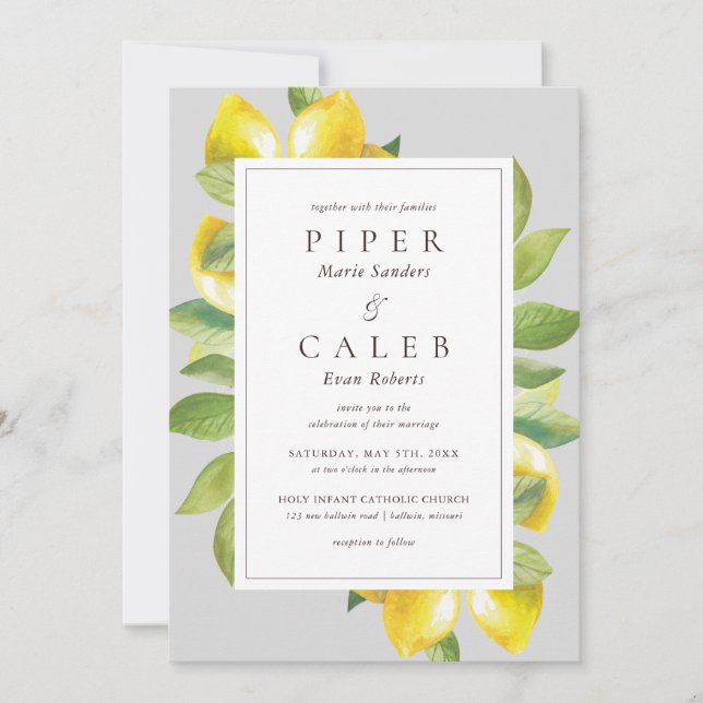 Grey Lemon Blossom Wedding Invitation (Front)