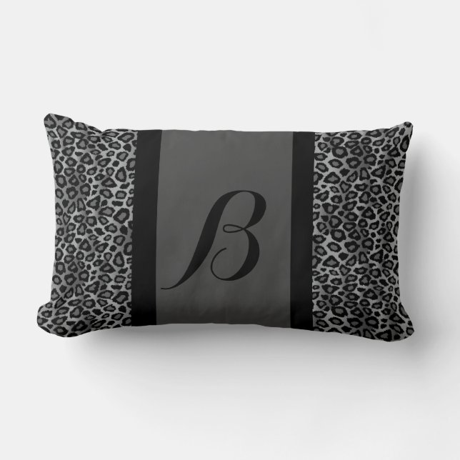 Grey Leopard Animal Print Pattern | Monogram Lumbar Cushion (Front)