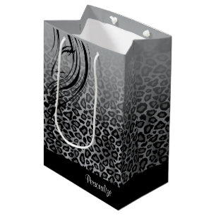 Grey Leopard Animal Print with Girl Silhouette Med Medium Gift Bag