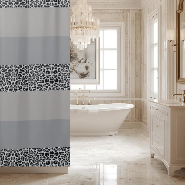Grey Leopard Print Ombre Striped Shower Curtain (Creator Uploaded)