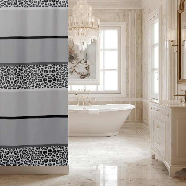 Grey Leopard Print Ombre Striped Shower Curtain (Creator Uploaded)