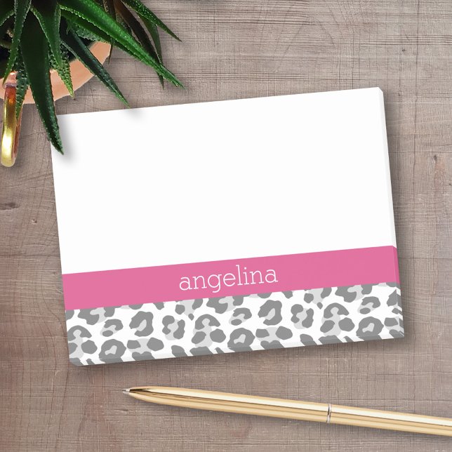 Grey Leopard Print Pattern with Pink Name Post-it Notes (Personalized post-it notes with an area to add your name or other text)
