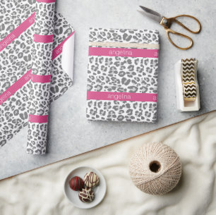 Grey Leopard Print Pattern with Pink Name Wrapping Paper