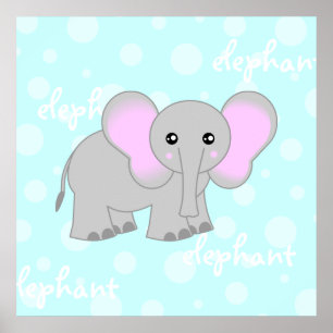 Grey / Light Blue Baby Elephant Cute Poster Print
