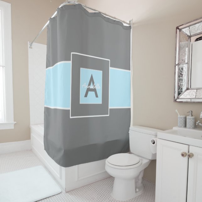 Grey light blue monogram personalised shower curtain (In Situ)