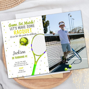 Grey Light Green Tennis Birthday Invitations photo