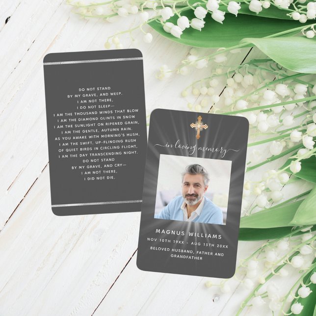 Grey light photo cross funeral prayer card (Creator Uploaded)
