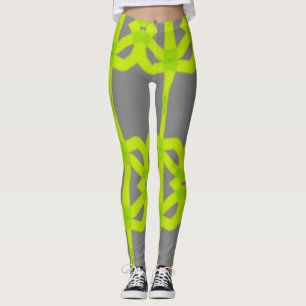Grey Lime Green Abstract Stretch Pants Leggings