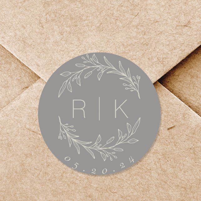 Grey Line Art Botanical Wreath Wedding Monogram Classic Round Sticker (Creator Uploaded)